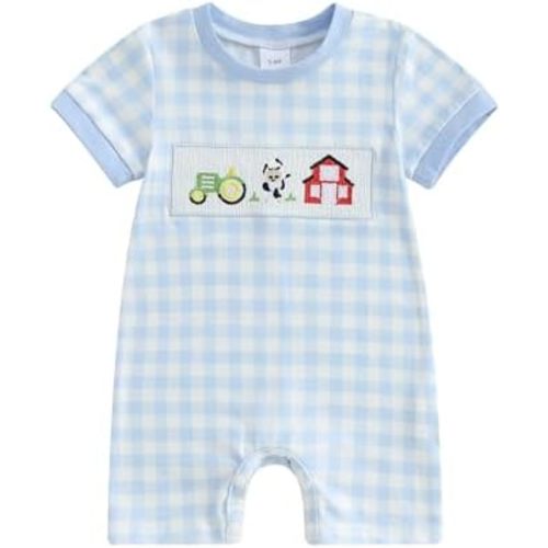 Infant Baby Boy Romper Farm Animal Embroidery Patch Romper Jumpsuit One Piece Plaid Summer Playsuit Country Clothes