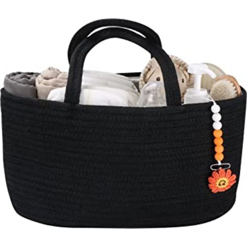 Baby Diaper Caddy Organizer for Girl Boy Cotton Rope Nursery Storage Bin Basket Portable Holder Tote Bag for Changing Table Car Travel Baby Shower Gifts Newborn Essentials Registry Must Haves Black