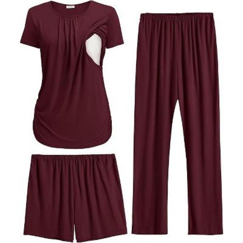 Ekouaer Maternity Nursing Pajamas Set 3 Piece Postpartum Lounge Breastfeeding Pjs Pregnancy Shorts & Pants Burgundy XL