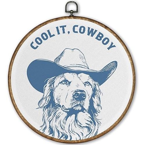 TLESKE Blue Preppy Cowboy Dog Round Wall Art Decor Framed 10x10, Trendy Western Canvas Wall Art Prints Artwork, Retro Wall Hanging Room Door Decor for Teen Boys Dorm Room Living Room Bedroom