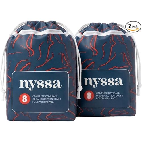 Nyssa Postpartum Pads - Ultra-Absorbent Organic Cotton, 16” Long, Extra-Wide | Gentle for Sensitive Skin (2 Pack, 16 Pads Total)