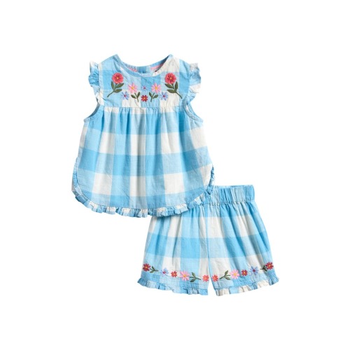 Check Embroidered Ruffle Cotton Top & Shorts Set