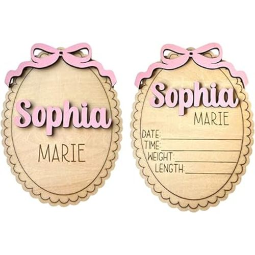 Personalized Baby Announcement Sign with Bow, Custom 3D Layered Scalloped Edge Name & Birth Stat Board for Newborn Photos (Bundle - Name + Stat Sign)