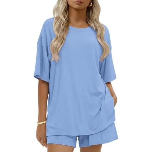 Ekouaer Womens 100% Cotton 2 Pieces Short Sets Summer Short Sleeve Outfits Casual Matching Lounge Set with Pockets