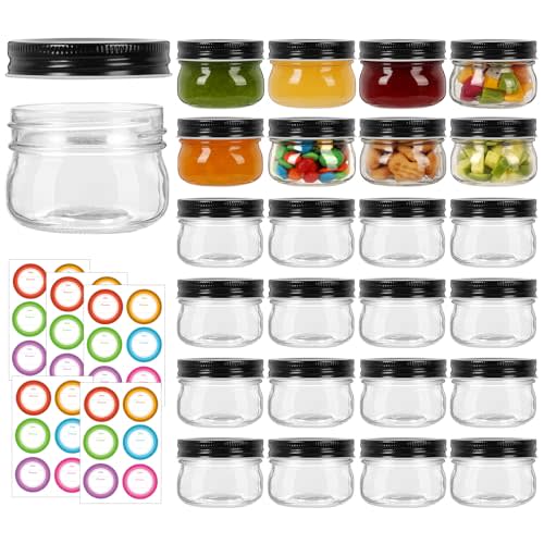 4 oz Mason Jars With Black Lid, 24 Pack Regular Mouth Canning Jars for Jam, Honey, Yogurt, Spices, Snacks, DIY Projects, Wedding Favors- Includes 30 Stickers