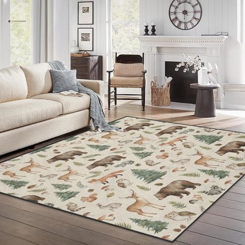 Area Rugs 5'x7' Washble Rug, Woodland Watercolor Forest Stain Resistant Non Slip Backing Animals Nature Carpet for Living Room Bedroom Dining Room
