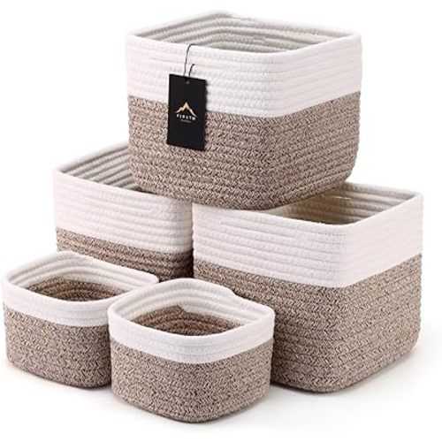 5-Pack Storage Cubes Woven Rope Baskets - 2 Sizes Organizer Bins for Closet, Shelf, Bookshelf, Nursery, Changing Table, Cube Storage Bins, Storage Baskets for Bathroom Toy & Home