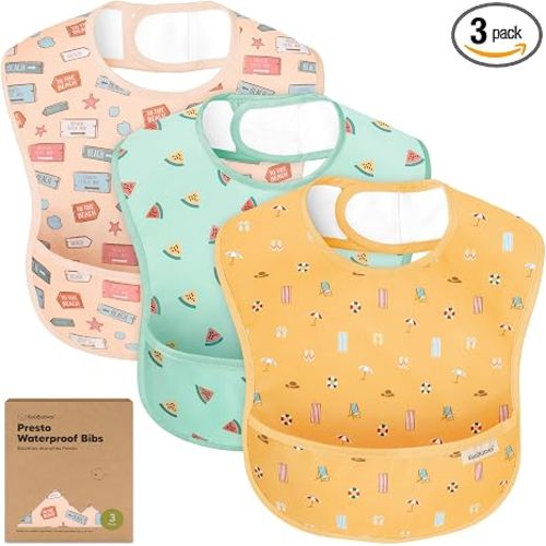 KeaBabies 3-Pack Waterproof Baby Bibs for Eating, Lightweight (Beach Day) | Toddler Feeding Bibs with Large Food Catcher, Mess Proof, Food-Grade, Baby Eating Essentials, Easy to Put On & Clean