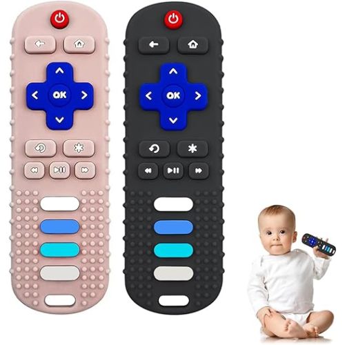 YAPROMO Babay Teething Toys, Soft Reomte Teether Toys, 2 Pcs Silicone Chew Toy for Babies 18 Months+, Remote Control Shape Teething Toys,BPA Free & Refrigerator Safe, Black&Khaki