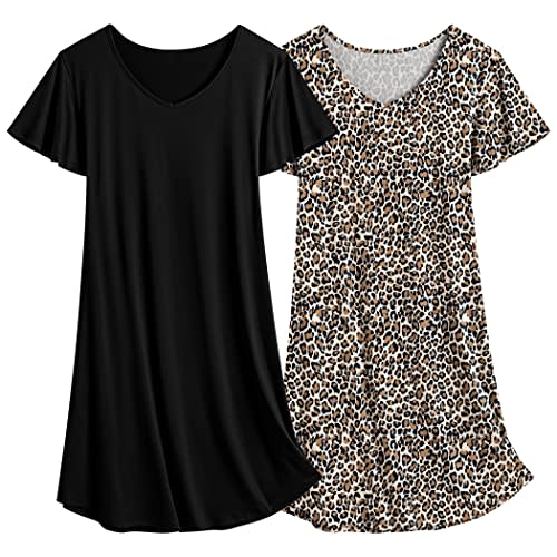 Ekouaer 2 Pack Nightgowns for Women Short Sleeve Nightshirt Soft Sleepdress | Soft, Breathable, Short Flare Sleeve, Slightly Stretchy Fabric, Cute Print Sleepshirt Casual T-shirt Night Dress, Home, Party