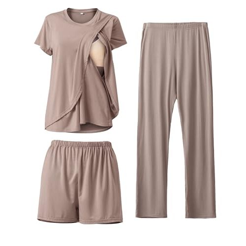 Rnxrbb 3 Piece Postpartum Nursing Pajamas Set Casual Soft Maternity Breastfeeding Pjs Sleepwear Loungewear Clothes Layer