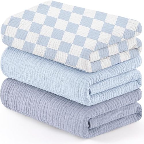 Susurration Muslin Receiving Blanket,100% Cotton Swaddle Blankets for Newborn Soft Thin Swaddle for Unisex Newborn 38x40inch (Blue Checkered)