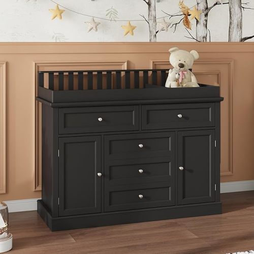 Nursery Dresser with Changing Table Top, 46" W Baby Dresser with 2 Drawers, Laundry Basket & Raised Guard, Infant Diaper Changing Storage Organize Station for Nursery and Baby Bedroom, Black