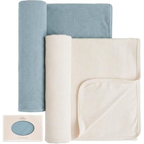 Konssy Knit Baby Blanket 2 Pack, Soft Ribbed Swaddle Receiving Blankets for Boys & Girls, Lightweight Cozy Swaddling Wrap for Newborns, Infants, & Toddlers, 33x42 Inch (Blue, Beige)