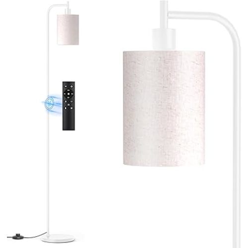 Floor Lamp with Linen Shade, Dimmable Tall Standing Lamp with Remote Control & 3 Color Temperatures, Modern Floor Lamps for Living Room Bedroom Office Corner, 9W LED Bulb Included