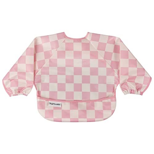 Tiny Twinkle Mess Proof Baby Bib, Cute Full Sleeve Bib Outfit, Waterproof Bibs for Toddlers, Machine Washable, Tug Proof, Baby Smock for Eating, Long Sleeved (Checkers Pink, Small 6-24 Months)