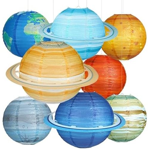 8 PCS Planet Paper Lanterns, 12 Inch Outer Space Party Decorations, Solar System Hanging Planets Lantern for Kids Space Theme Party Birthday Room Decorations