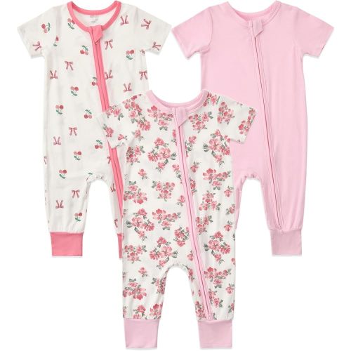Aablexema Baby Short Sleeve Footless Pjs Romper 3-Pack(Pink Floral,3-6M) | Soft Breathable Rayon of Bamboo, 2 Way Zipper & Tagless, Infant One Piece Pajamas Jumpsuits for Girls