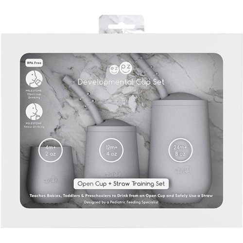 ezpz Developmental Cup Set (Pewter) - 100% Silicone - Teaches Babies, Toddlers, and Preschoolers to Drink from an Open Cup and Safely Use a Straw - Designed by a Pediatric Feeding Specialist