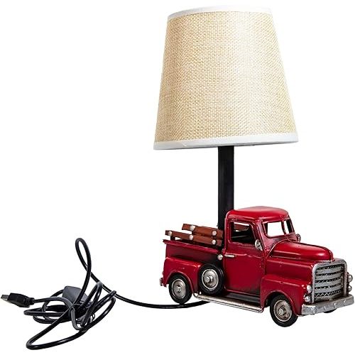 Berfutall-Decorative Rustic Red Vintage Truck USB Table Lamp，Night Light with Burlap Shade, 6.7 x 4.7 x 6.7 inches