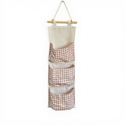 Anna-Kaci Hanging Wall Organizer with Three Pockets and Brown Gingham Pattern 19x7.8 in - Pink