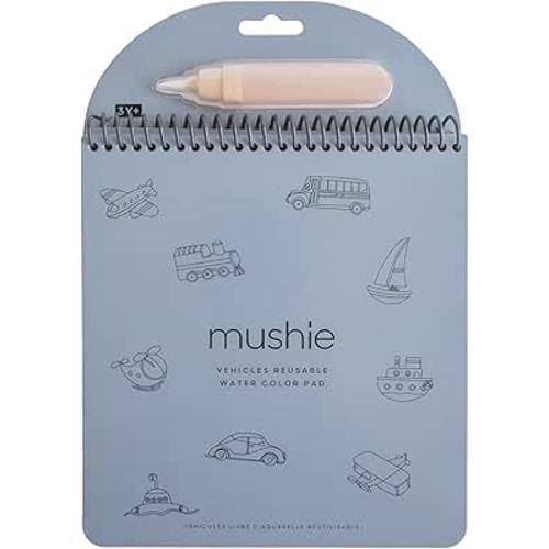 mushie Vehicles Reusable Water Color Pad | Montessori Travel Activity Book with Planes, Trains, and Cars + Refillable Brush for Toddlers 3 Years+