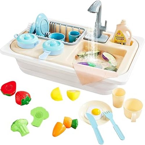 Beright Play Kitchen Sink Toys for Toddlers, Upgraded Faucet with Running Water, Pretend Play Sink Set, Perfectly Match for Sensory Table, Upgraded