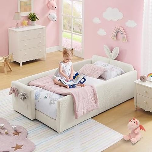 Twin Size Kids Bed with Rabbit Ear Headboard, Upholstered Boucle Fabric Twin Daybed with Slats Support & Side Pockets, Space-Saving Wooden Corner Sofa Couch Bed Frame for Girls, Boys, Children(Beige)