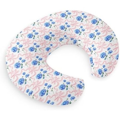 HawSkgFub Pink Bow Hydrangea Floral Nursing Pillow Cover for Baby Girls Shower Gift, Boho Blue Flowers Ribbon Breastfeeding Pillow Slipcover, Nursing Pillowcase for Newborn Infant, Cover Only