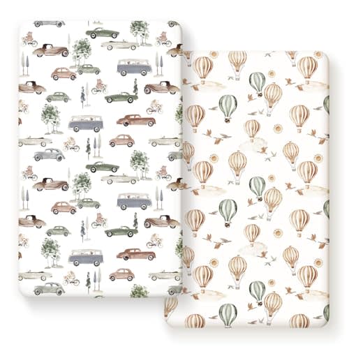 Stretch Ultra Soft Jersey Knit Fitted Crib Sheets Set 2 Pack，Fit All Standard Crib Mattress Pads Safe and Snug, Crib Fitted Sheet for Boys and Girls, Stylish Cars Print Kids Sheets for Boys