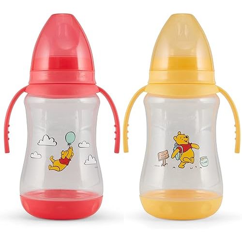 Disney 2 Pack 10 Ounce Baby Bottles with Character Prints and Colored Covers with Double Handle - BPA Free and Easy to Clean