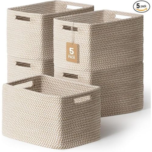 5 Pack Woven Storage Baskets for Shelves, Decorative Basket Organizer Storage Bins for Toys, Books, Clothes, Closet, Nursery, Bathroom – Cotton Rope Shelf Baskets for Organizing and Decor, Khaki