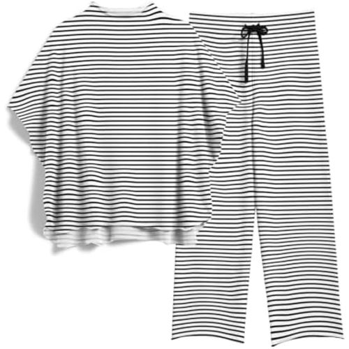 Women's Two Piece Outfits 3/4 Batwing Sleeve Capelet Crew Neck Pullover Top Wide Leg Pants Lounge Set