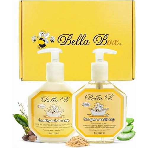 BELLA B GIFT SET Organic Cradle Cap Shampoo & Conditioner Treatment for Babies 8oz, Natural Ingredient Baby Shampoo with Complete Care Set for Baby Cradle Cap | Baby Hair Conditioner for Toddler