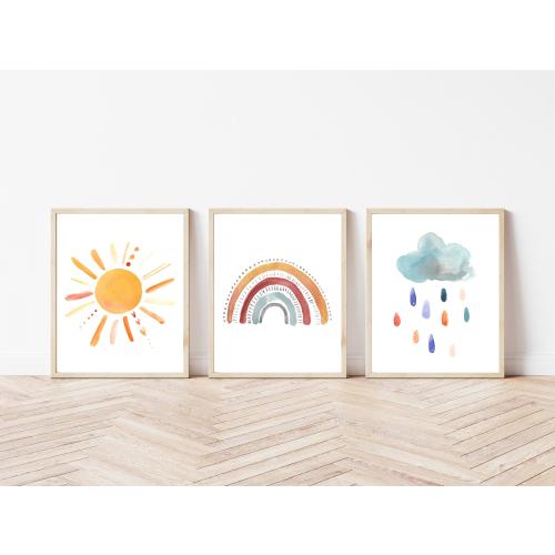 Neutral Watercolour Rainbow, Sunshine and Rain Cloud Print Set | Earth Toned Nursery Wall Art