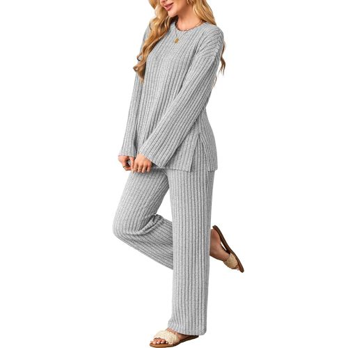 Kikibell Womens Sets 2 Piece Outfits Matching Lounge Set Cozy Knit Pajamas Oversized Loungewear Fall Winter Clothes S-2XL