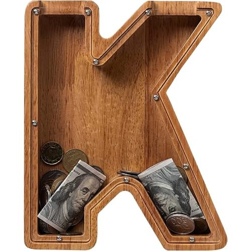 ladenk 12 Inch Extra Large Wooden Kids Letter Piggy Bank - Piggy Bank for Boys Girls - Initial K Bank - Alphabet Money Bank for Birthday