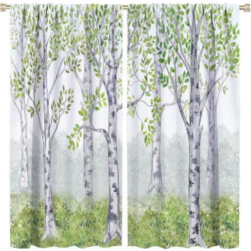 Trees Blackout Curtains Watercolor Nature Green Forest Woodland Art Print for Kids Girls Boys Bedroom Living Room Decor Rod Pocket Window Drape 42x54in