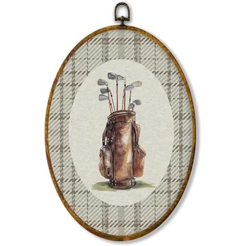 Hiuwevt Vintage Golf Nursery Oval Wall Art Decor, Sports Framed Canvas Prints, Neutral Gingham Golf Bag Oval Wall Hanging Decor for Kids Boy Nursery Room Bedroom Playroom Decorations, 8.6x11.4 Inches