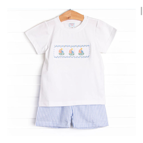 Coastal Cruise Smocked Short Set, Blue Seersucker – Stitchy Fish