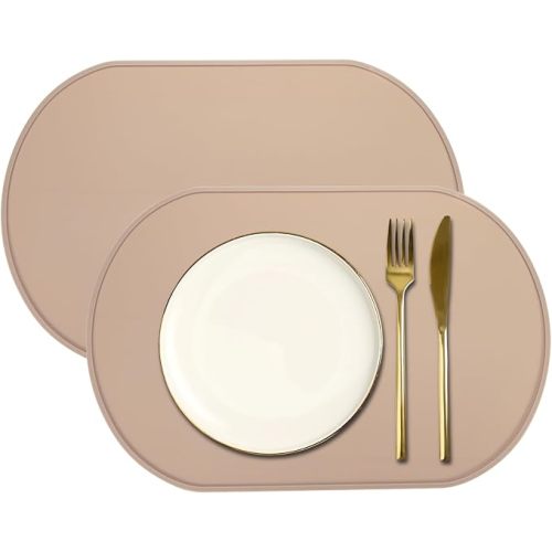 uxcell 2 Pcs Oval Silicone Placemat, 15.4" x 10.4" Non-Slip Washable Table Placemats Heat Resistant Waterproof Mat with High Edge for Table Kitchen Desk Protection, Red