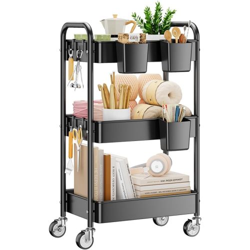 YASONIC 3 Tier Rolling Cart - Metal Utility Cart with Wheels, Hanging Cups, Hooks, Heavy Duty Mesh Rolling Storage Cart Organizer, Craft Cart for Kitchen Office, Lightweight and Sturdy
