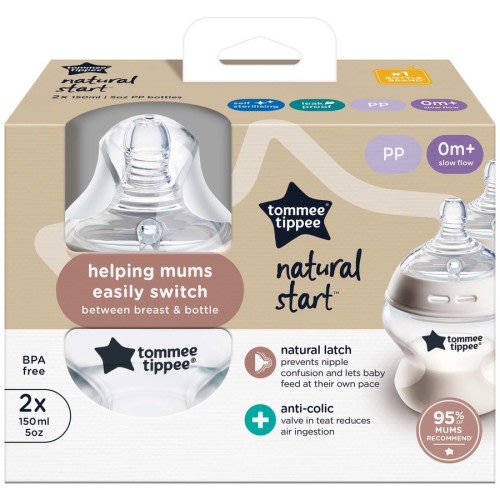 Tommee Tippee Baby Bottles Natural Start Anti-Colic Baby Bottle with Slow Flow Breast-Like Teat 150ml 0m+ Self-Sterilising 2 Pack
