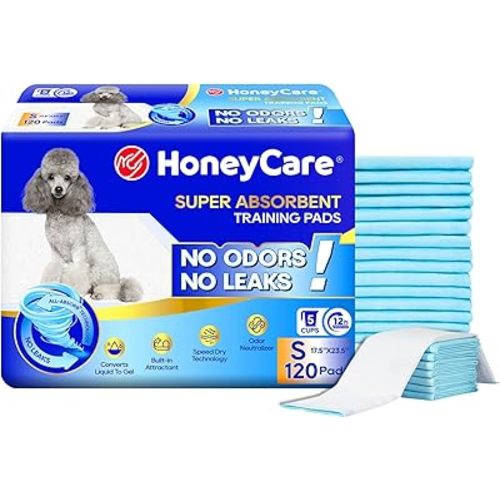 Honey Care All-Absorb, Small 17.5" x 23.5", 120 Count, Dog and Puppy Training Pads, Ultra Absorbent and Odor Eliminating, Leak-Proof 5-Layer Potty Training Pads with Quick-Dry Surface, Blue, A05