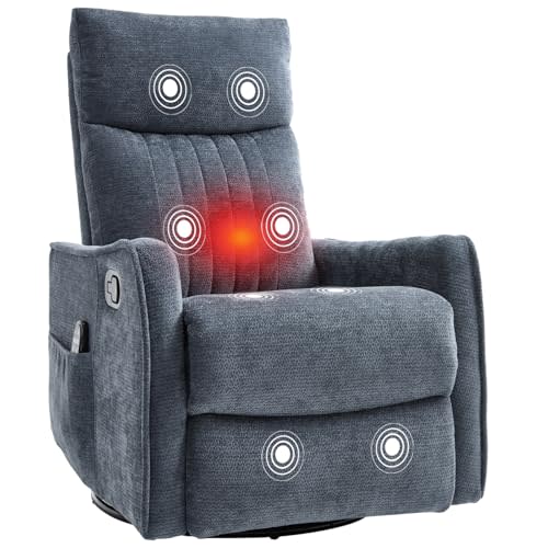 PELUMY 360 Swivel Rocking Recliner Chair for Adults, Nursery Rocking Chair with Heat and Massage, Glider Reclining Chair for Small Space, Living Room, Bedroom (Chenille, Blue Grey)