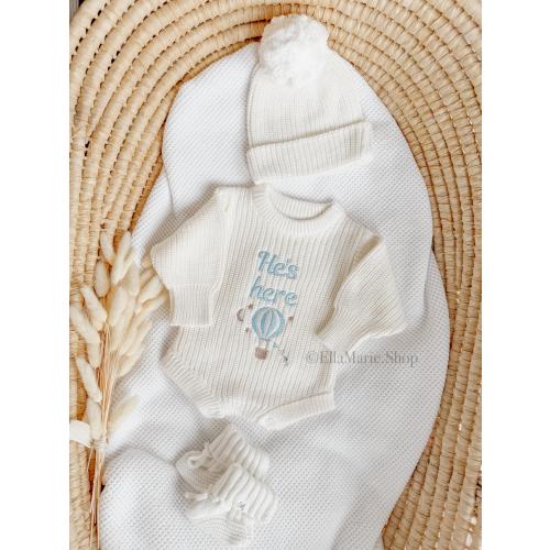 Newborn Baby Boy Coming Home Outfit, He’s here, Embroidered Knit Romper, Custom Name Sweater, Ribbed Knit, Personalized Baby Shower Gift