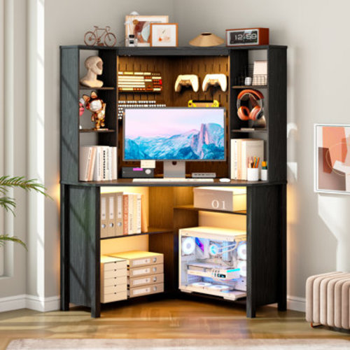 Wrought Studio™ 35"× 35" - Pentagonal Corner Computer Desk With Usb Ports, Adjustable Led Lighting, And 9 Layers Of Open Storage Space, Featuring A Perforated Back Panel Design & Reviews | Wayfair