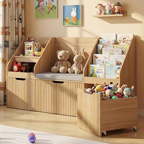 Vabches Kids Bookshelf with Reading Nook, Toy Storage Organizer with Seat Cushion and 2 Movable Drawers, Kids Bookcase Toy Organizers with 2 Doors Storage for Playroom, Bedroom, Natural Oak