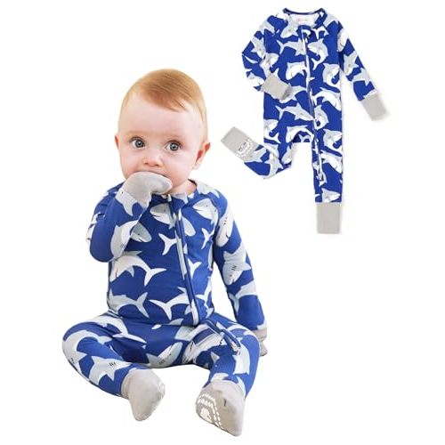 PATPAT Organic Cotton Baby Footie Pajamas with Two-Way Zipper & Fold-Over Mittens, Soft Stretchy Romper for Newborn Boy Girl