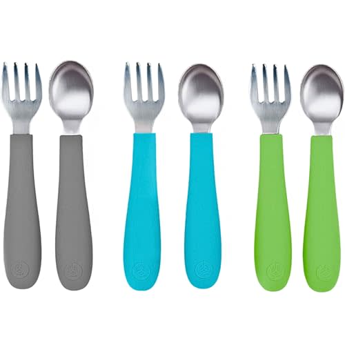 WeeSprout Toddler Utensils, 3 Forks & 3 Spoons, 18/8 Stainless Steel & Food Grade Silicone, Thick Easy-Grip Handles, Perfect Length For New Self Feeders, Gentle On Gums & Teeth, Dishwasher Safe
